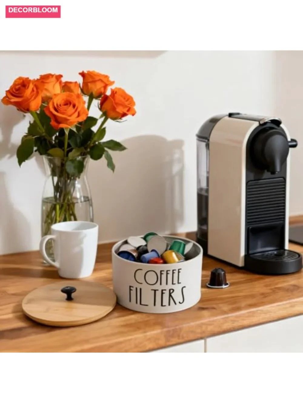 Coffee Filter Holder with Bamboo Lid, Large Capacity, Metal Base